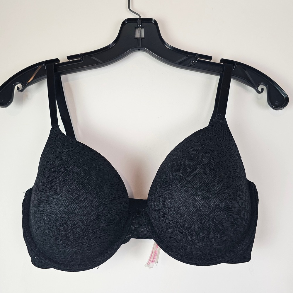 Victoria's Secret PINK Black Lace Leopard Push Up Bra 34DD Underwire Padded